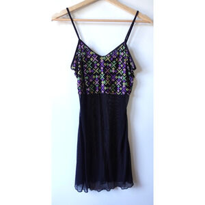 Vintage 90s Y2K Mesh Cami Babydoll Slip Dress 7 Sheer Printed Retro Grunge Mini